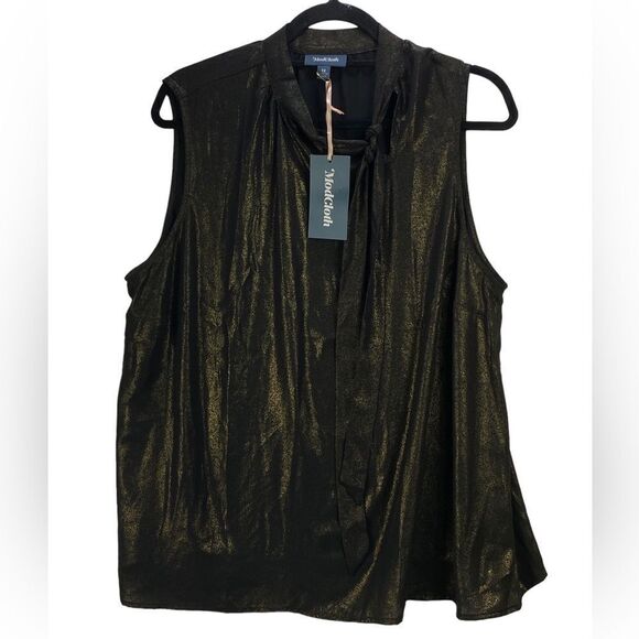 ModCloth Wm’s Sz 1X Black Gold Shimmer Woven You Know Tie Neck Sleeveless Blouse - Picture 1 of 4